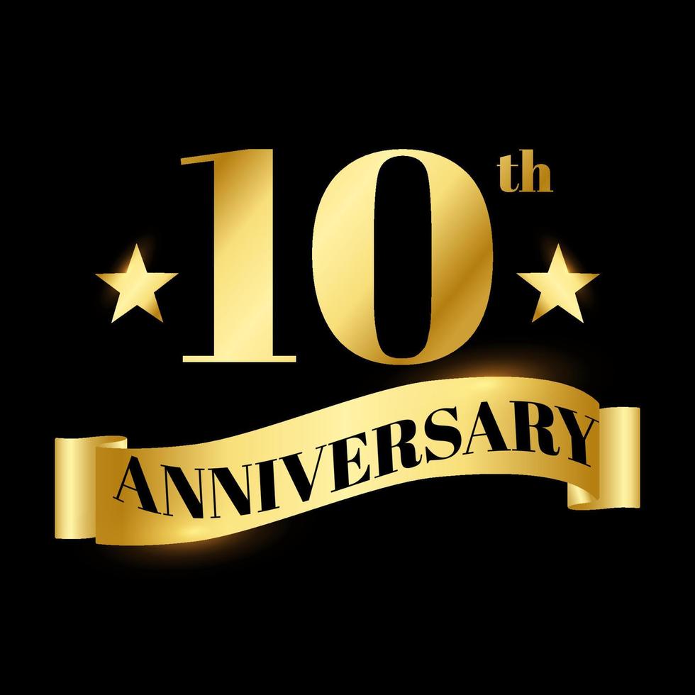 Golden badge wedding anniversary labels celebration number with wave ribbon 10 years vector