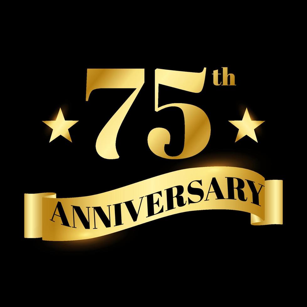 Golden badge wedding anniversary labels celebration number with wave ribbon 75 years vector