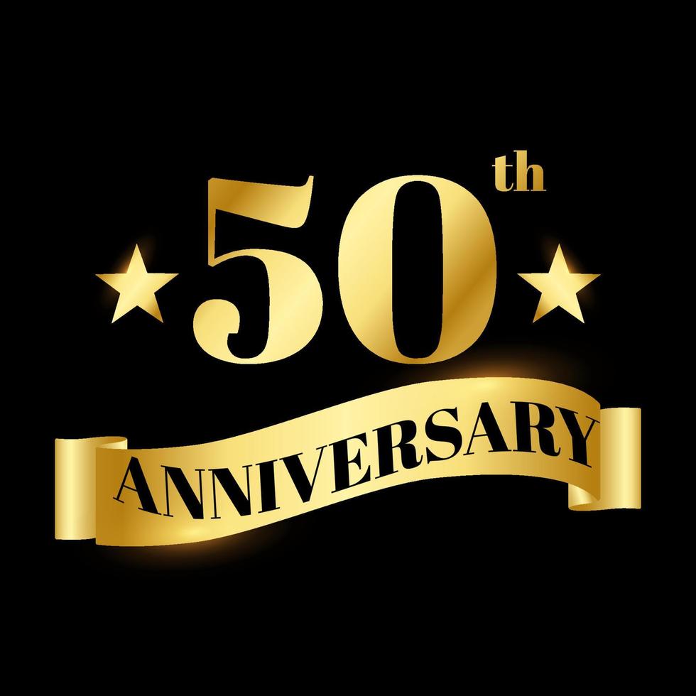 Golden badge wedding anniversary labels celebration number with wave ribbon 50 years vector