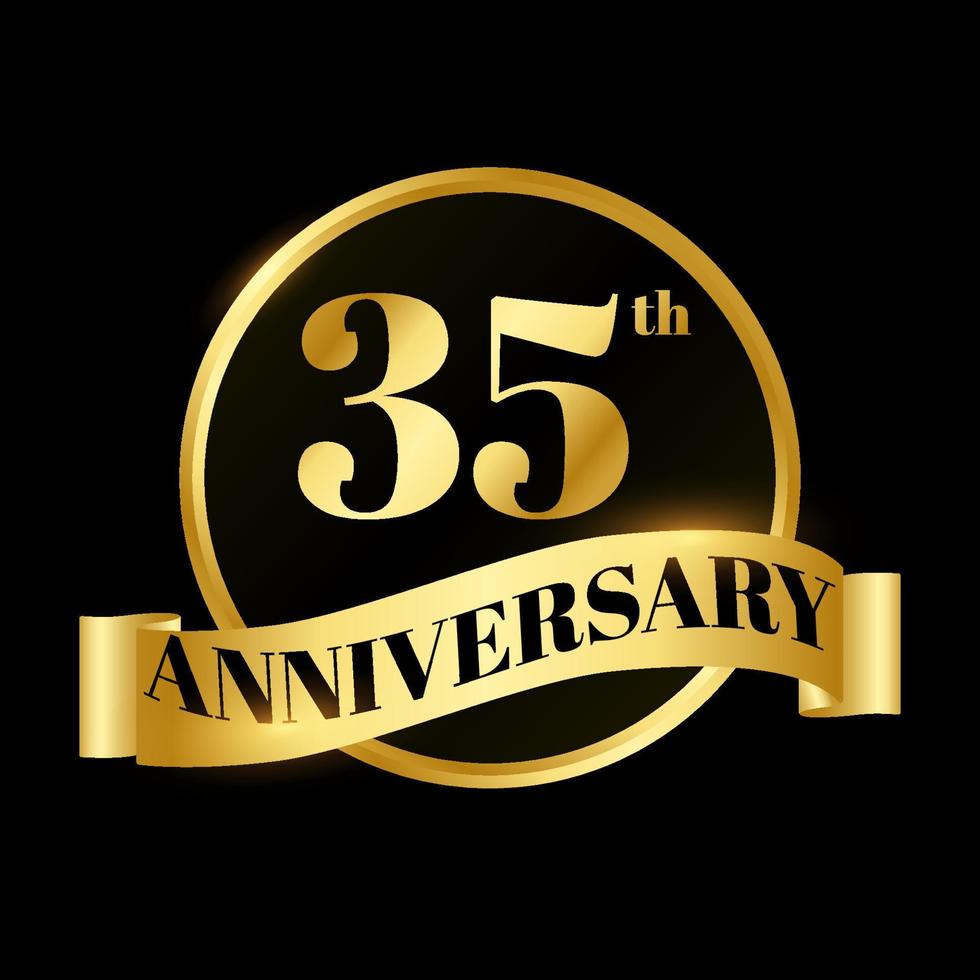 número de celebración de etiquetas de aniversario de boda de círculo de insignia de oro con cinta de onda 35 años vector