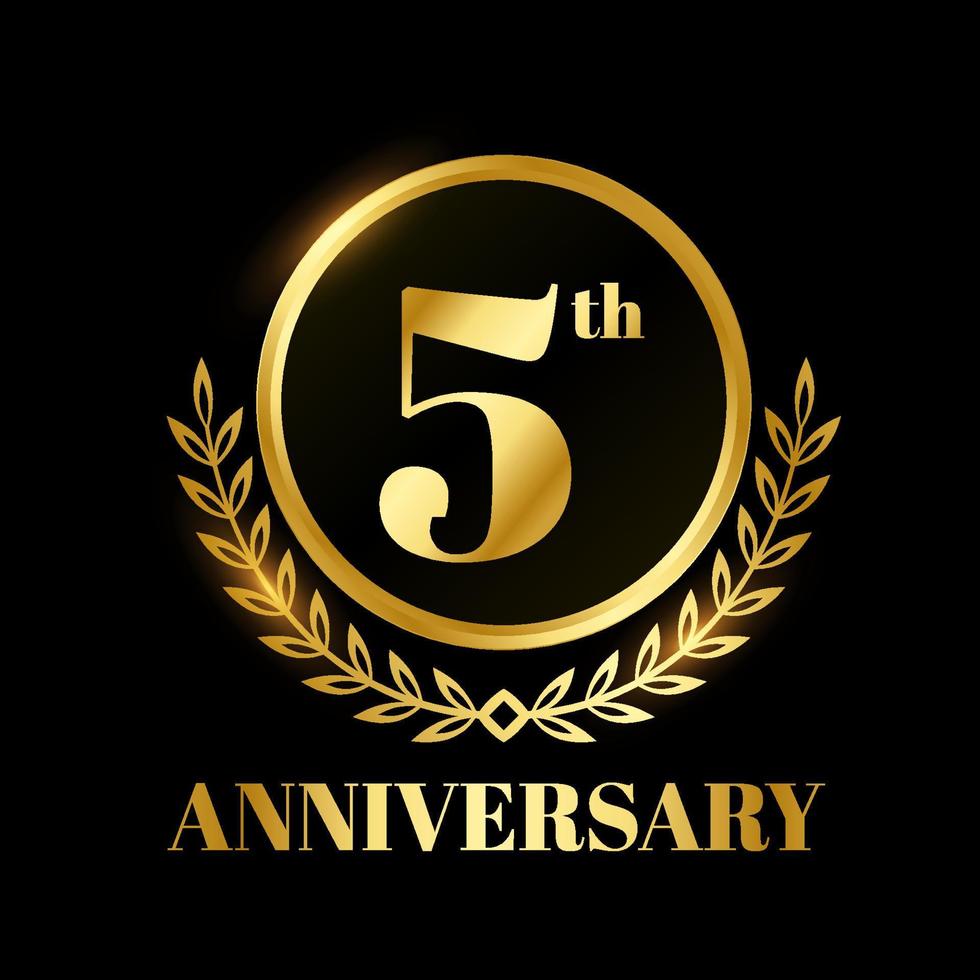 Golden badge circle wedding anniversary labels celebration number with cotton ribbon 5 years vector