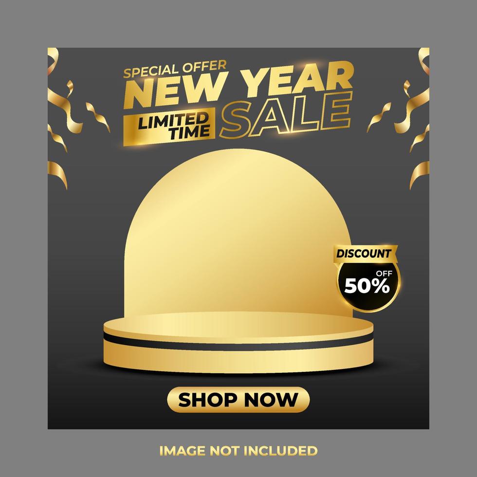 social media post template Merry christmas and happy new year with gold podium and grey background celebration style vector