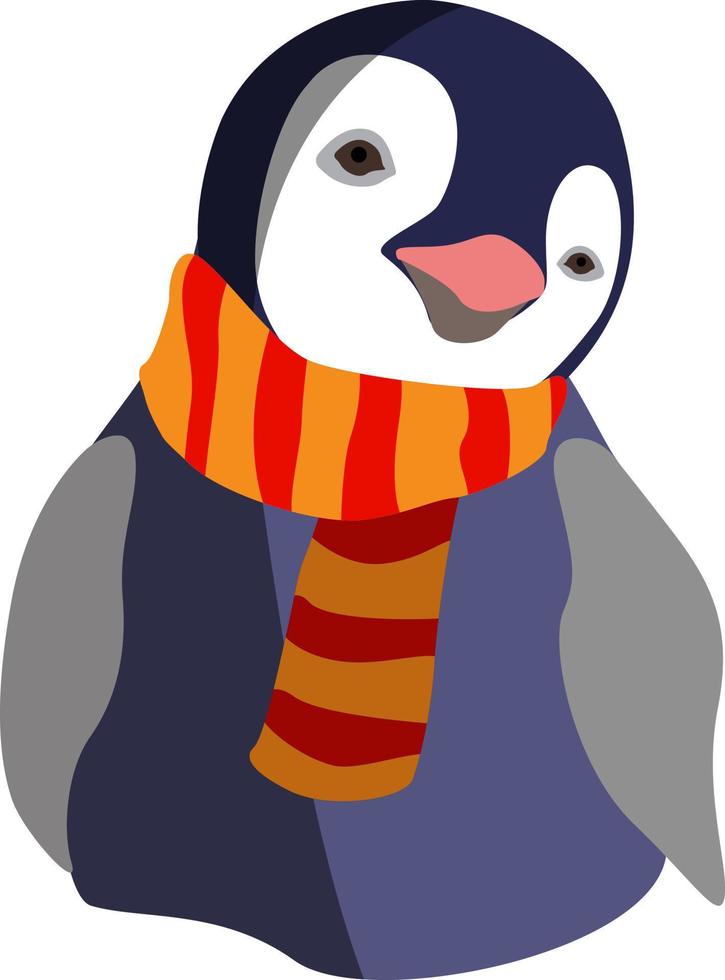 Pingüino con bufanda, ilustración, vector sobre fondo blanco.