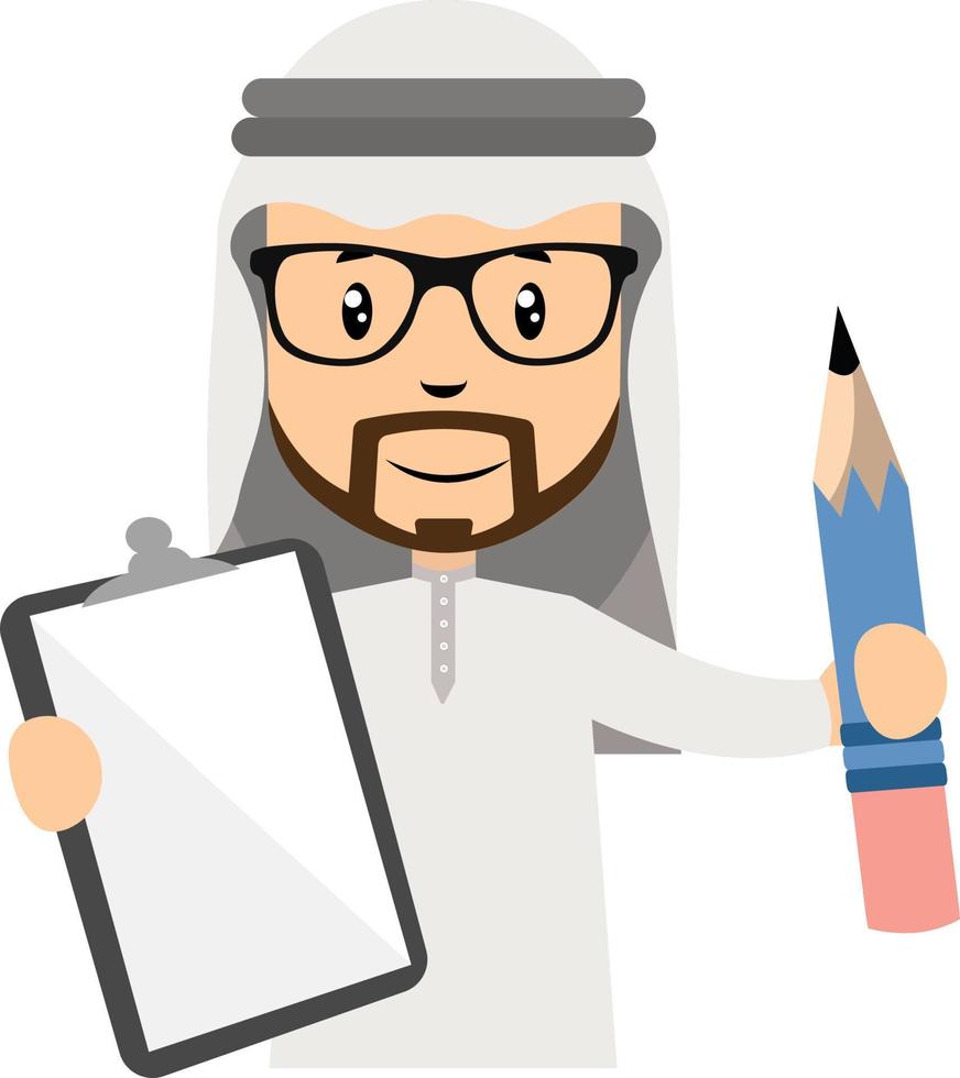 árabe con notebbok y pluma, ilustración, vector sobre fondo blanco.