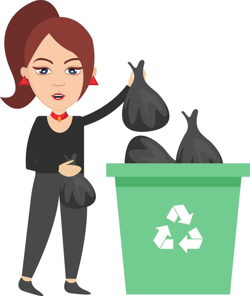Woman taking out trash, illustration, vector on white background.