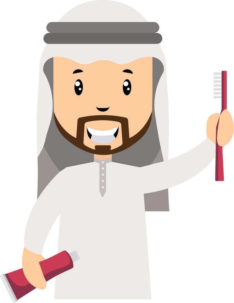 hombres árabes con cepillo de dientes, ilustración, vector sobre fondo blanco.
