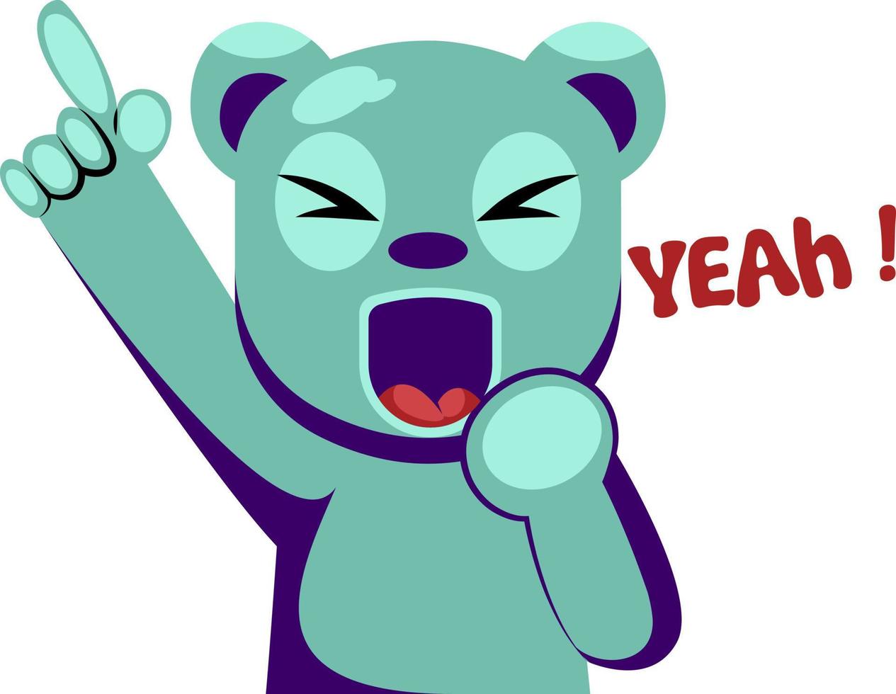 Joyful blue bear holding hand up saying Yeah vector illustration on a white background