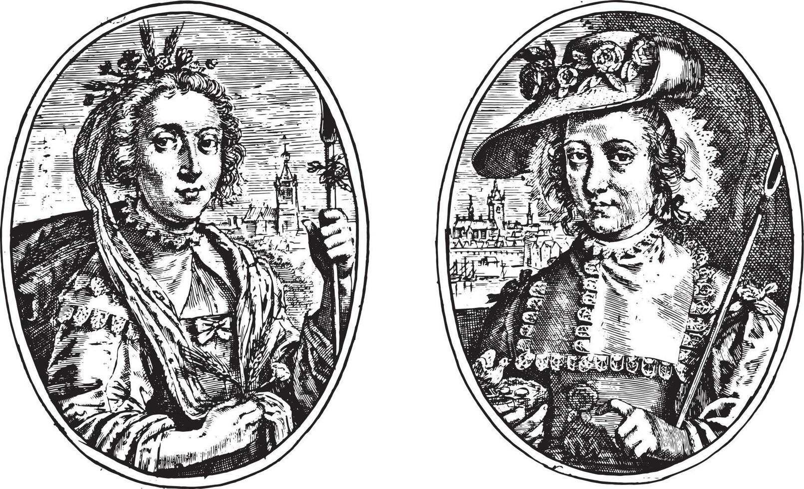 Portraits of two unknown women, both as shepherdess, vintage illustration. vector