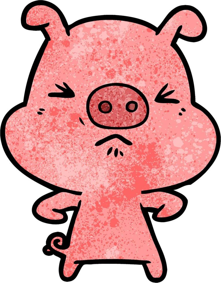 Retro grunge texture cartoon angry pig vector