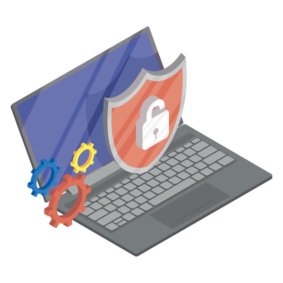 cyber security, laptop with shield vector