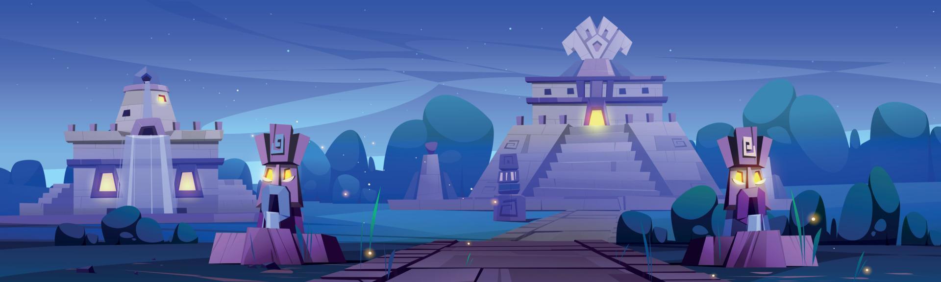 Aztec village with temple and statues at night vector