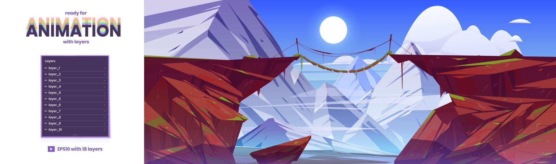 fondo de paralaje con puente de cuerda en las montañas vector