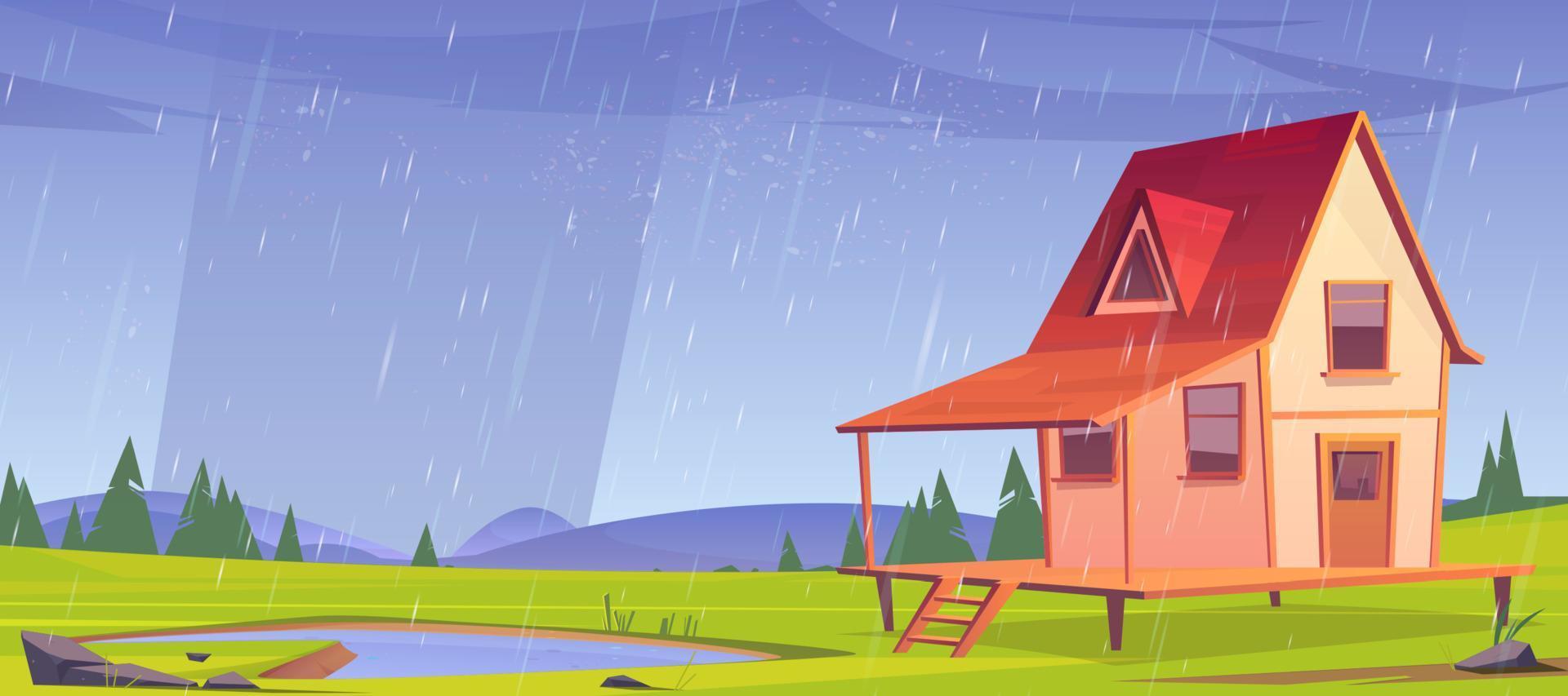 Wooden stilt house at rainy weather, old shack vector