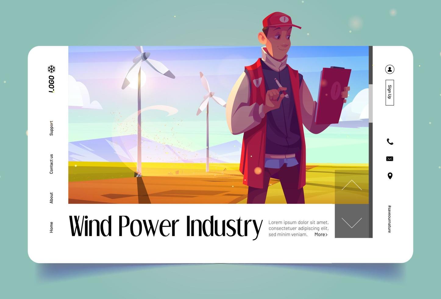 banner de la industria de energía eólica con técnico vector