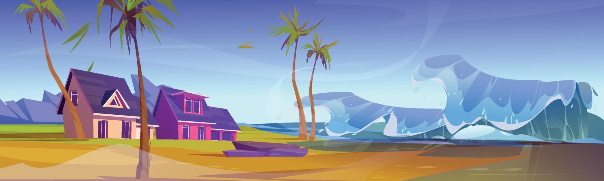 Tsunami wave at tropical beach with cottage, trees vector