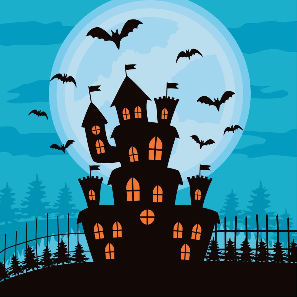 castle and bats halloween night vector