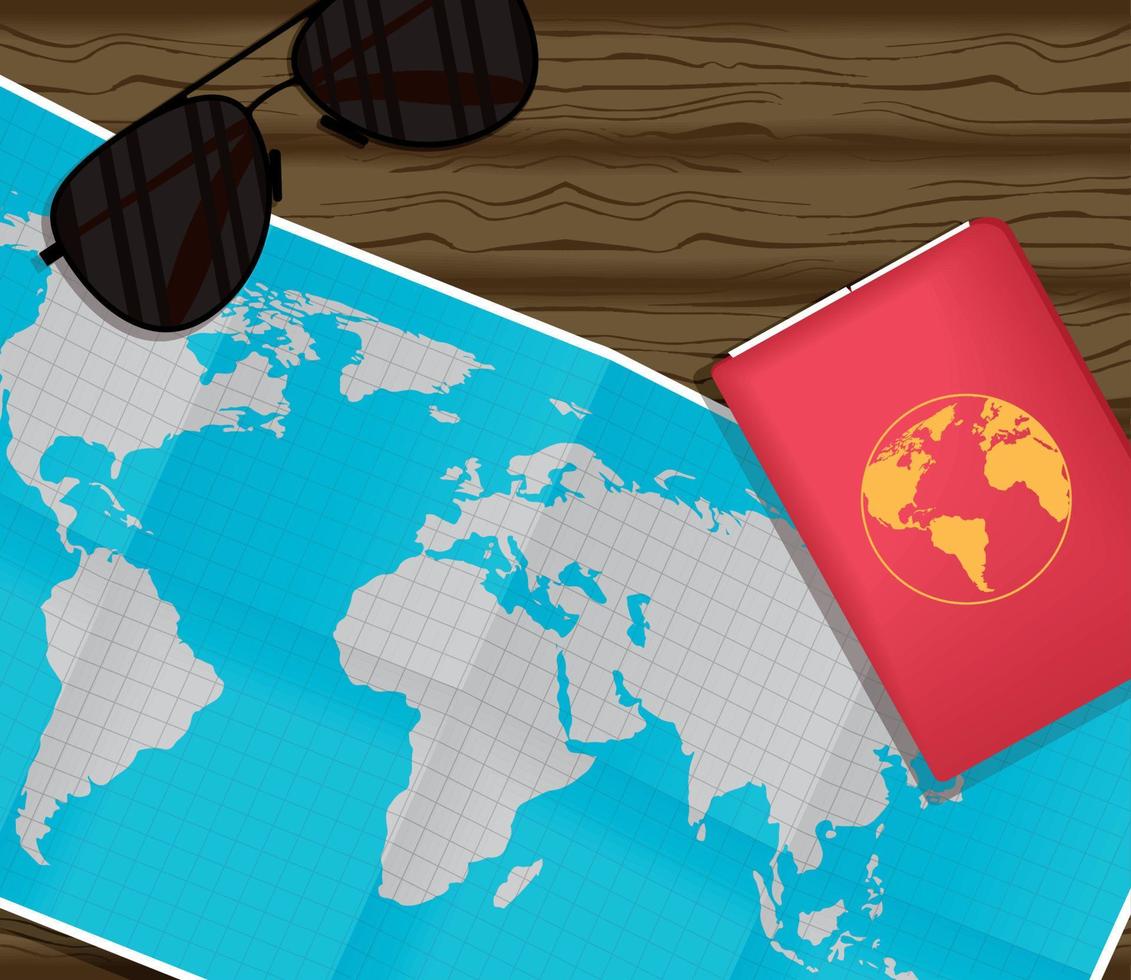 paper map with sunglasses and passport vector
