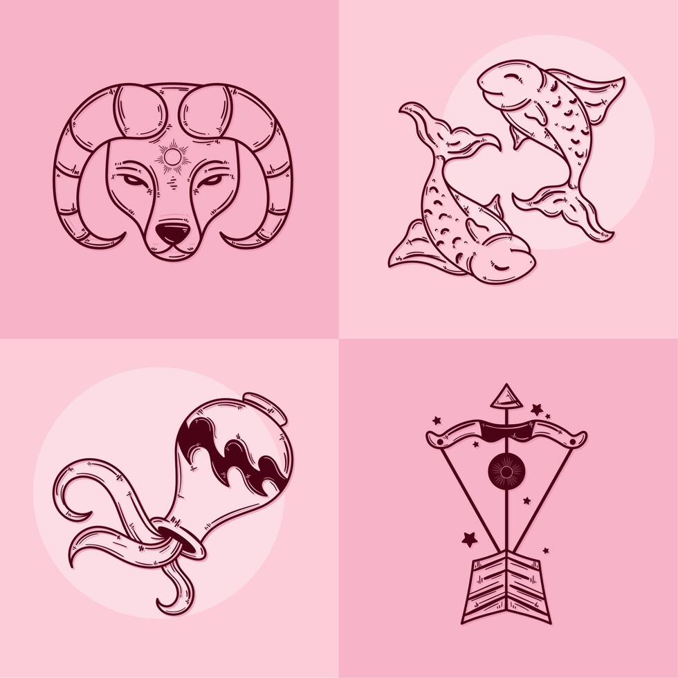 estilo de dibujo de astrología cuatro iconos vector