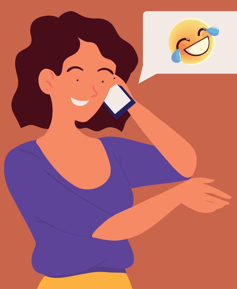 mujer divertida con teléfono inteligente vector