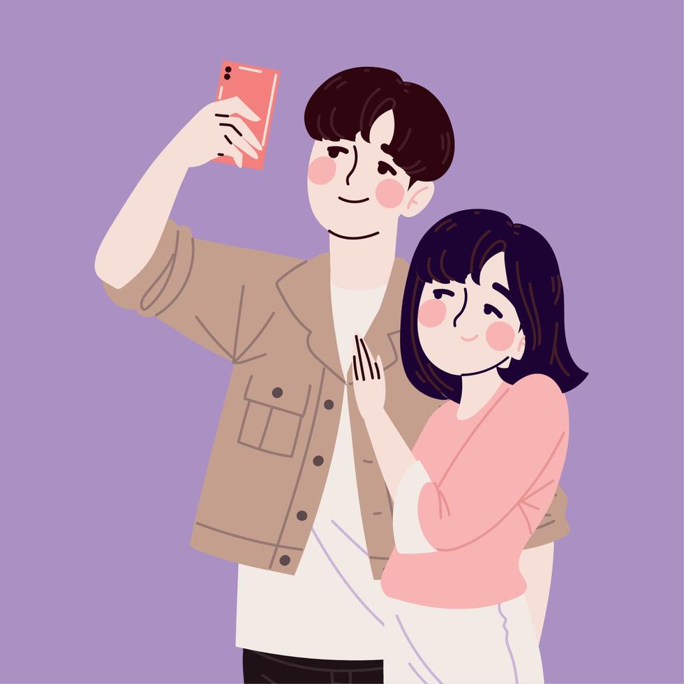 Korean couple taking selfie vector