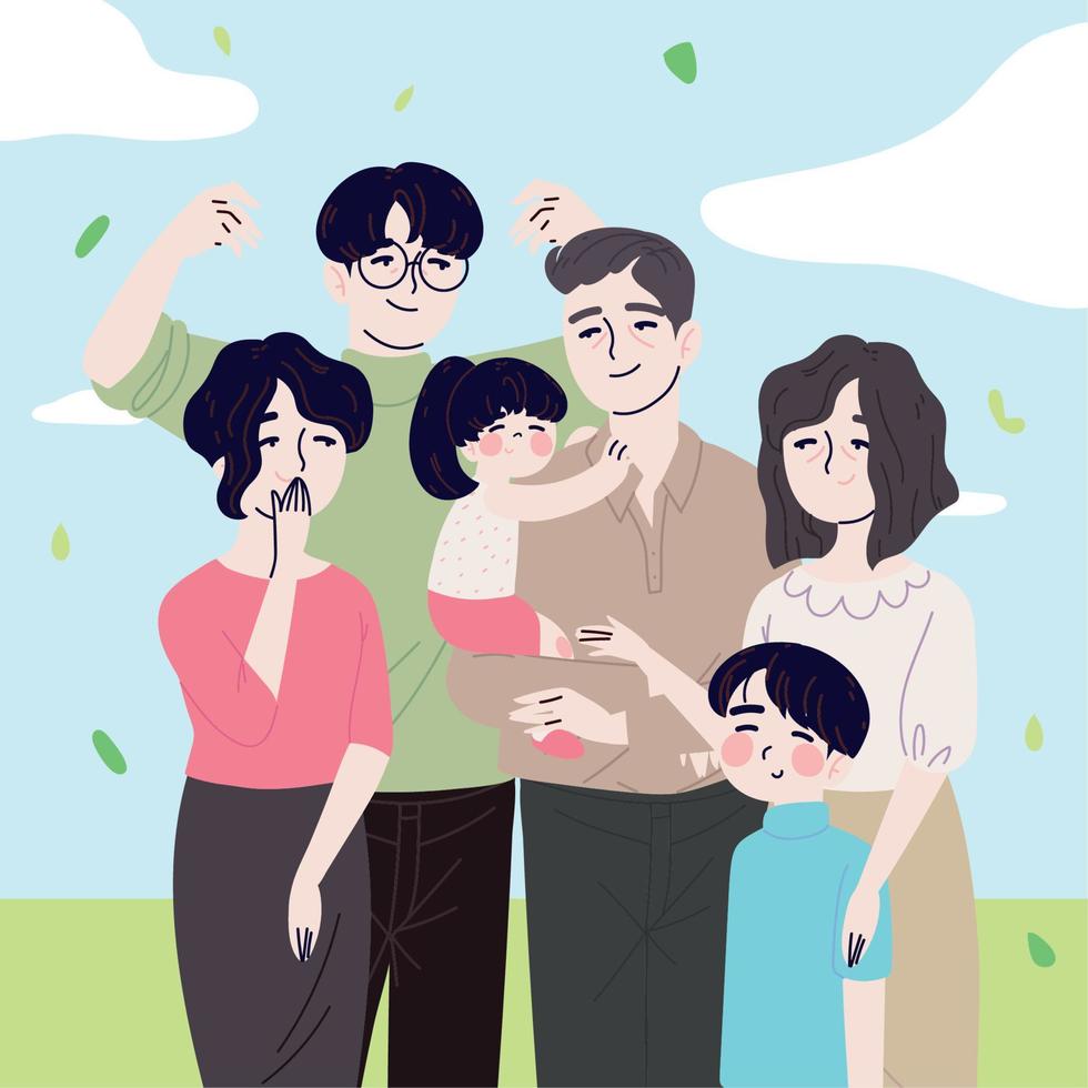 familia coreana en el parque vector