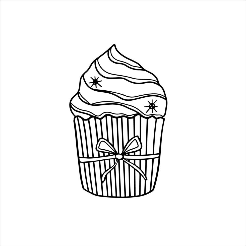 Hand drawn cupcake with a bow and snowflakes. Doodle vector illustration