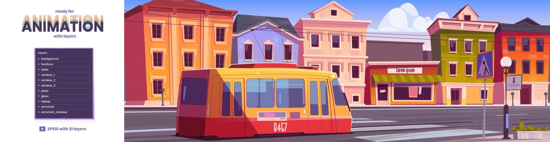 Tram riding on retro city street game background vector