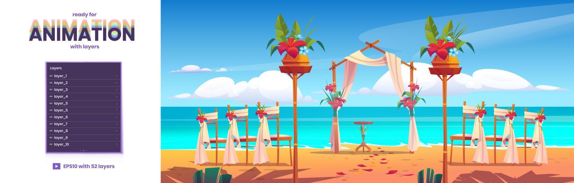 Beach wedding arch on seaside parallax background vector