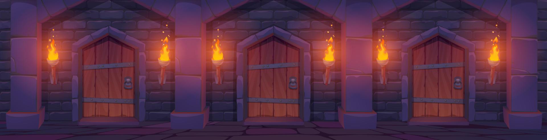 Medieval wooden doors in stone wall with torches vector