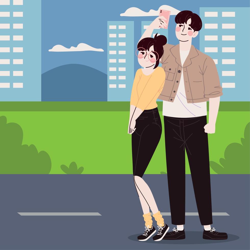 pareja coreana tomando foto vector