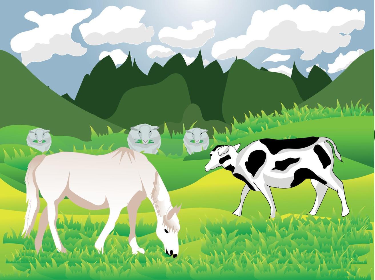 establecer animales de granja en pastos ilustración vectorial vector