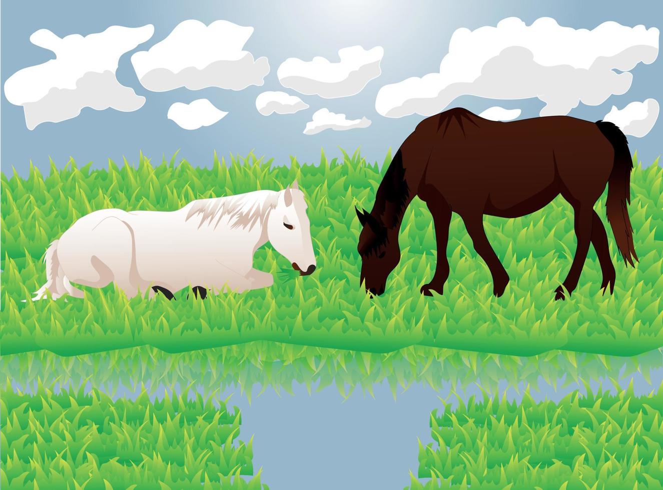 horses on pastures eating grass, vector illustration