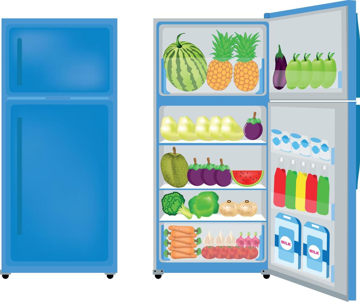 refrigerator with fresh vegetables and fruits vector