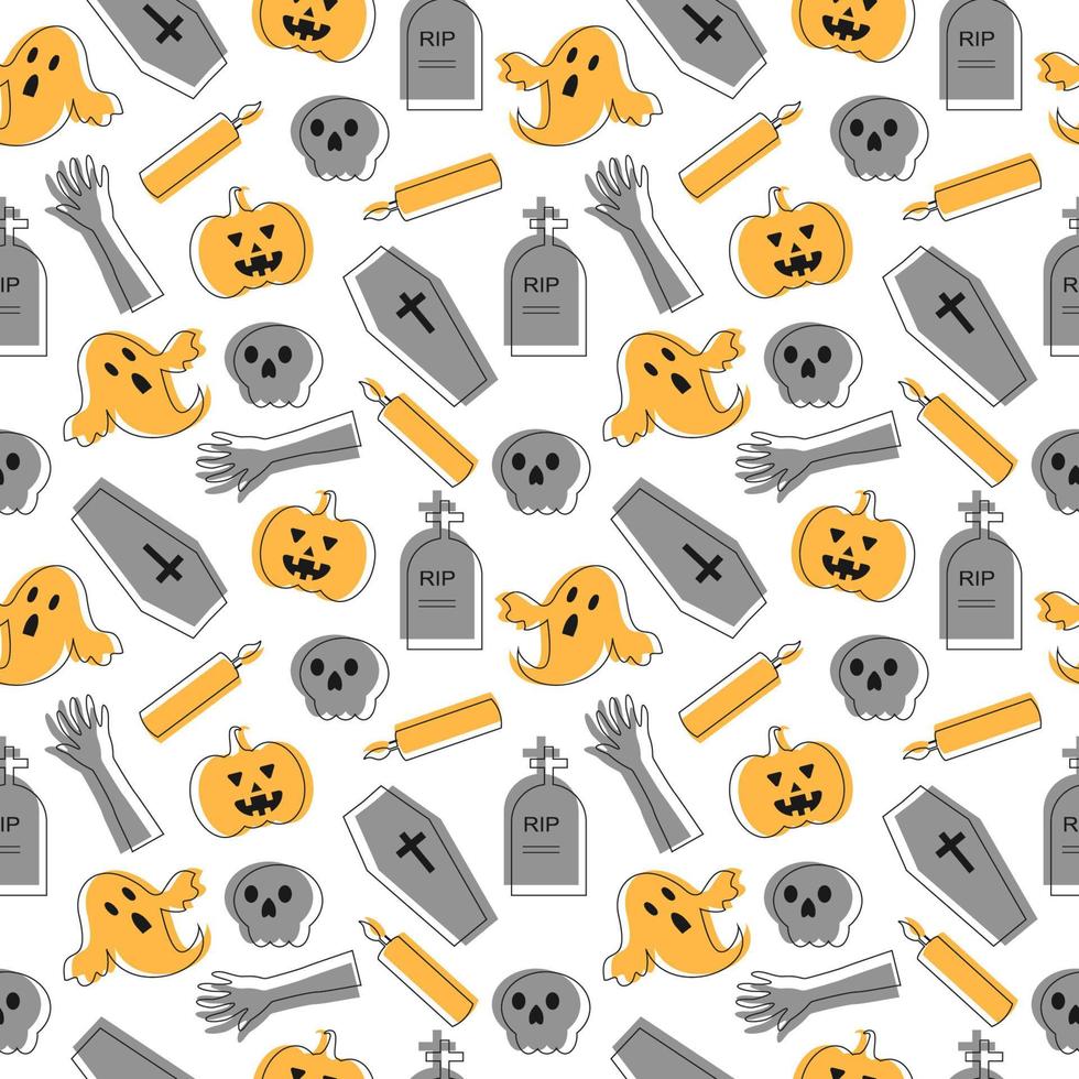 Halloween Seamless Pattern Design With Witch, Haunted House, Pumpkins or Bats in Template Hand Drawn Cartoon Flat Illustration vector