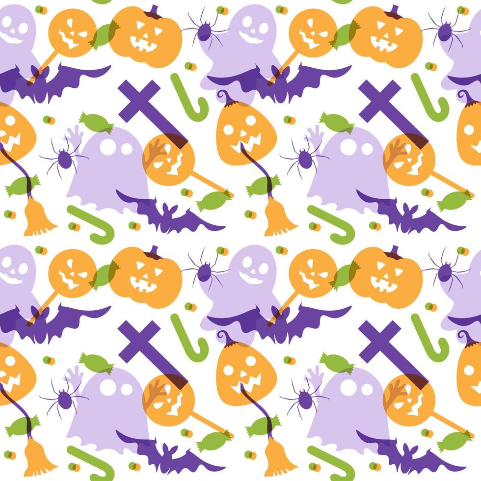Halloween Seamless Pattern Design With Witch, Haunted House, Pumpkins or Bats in Template Hand Drawn Cartoon Flat Illustration vector
