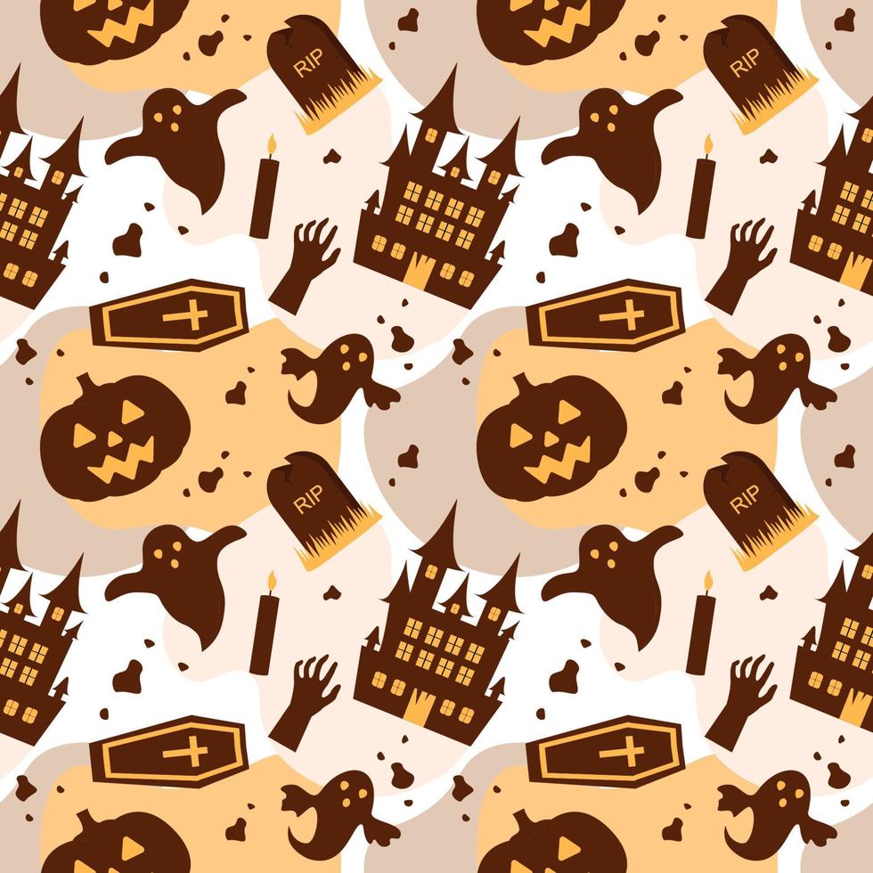 Halloween Seamless Pattern Design With Witch, Haunted House, Pumpkins or Bats in Template Hand Drawn Cartoon Flat Illustration vector