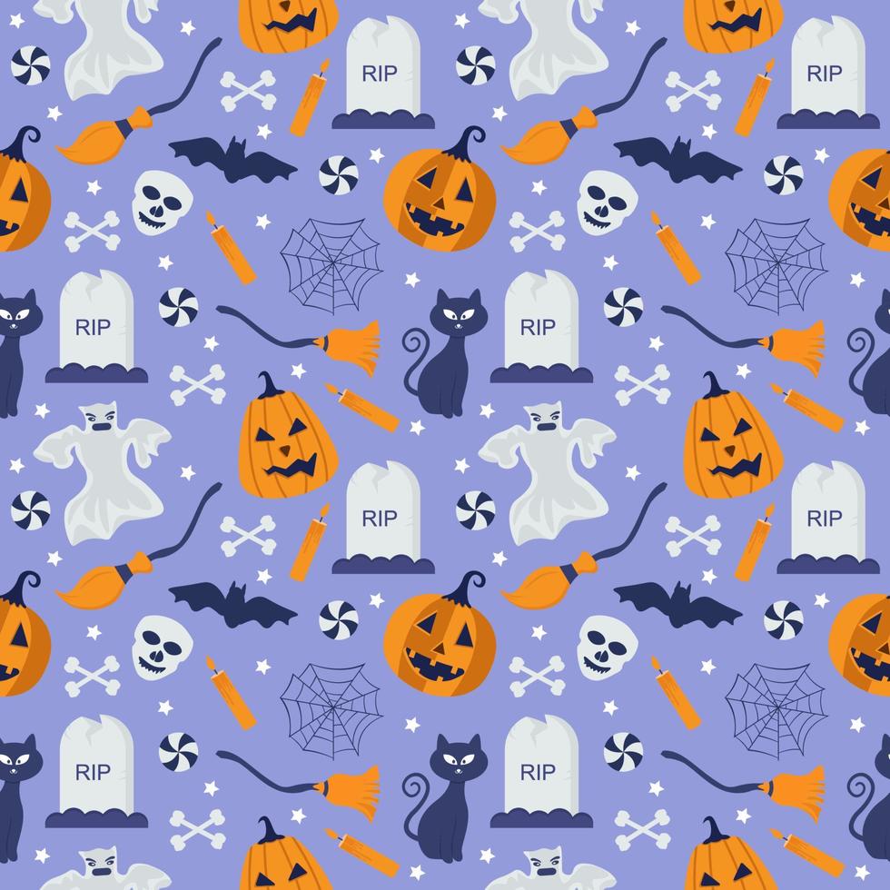 Halloween Seamless Pattern Design With Witch, Haunted House, Pumpkins or Bats in Template Hand Drawn Cartoon Flat Illustration vector