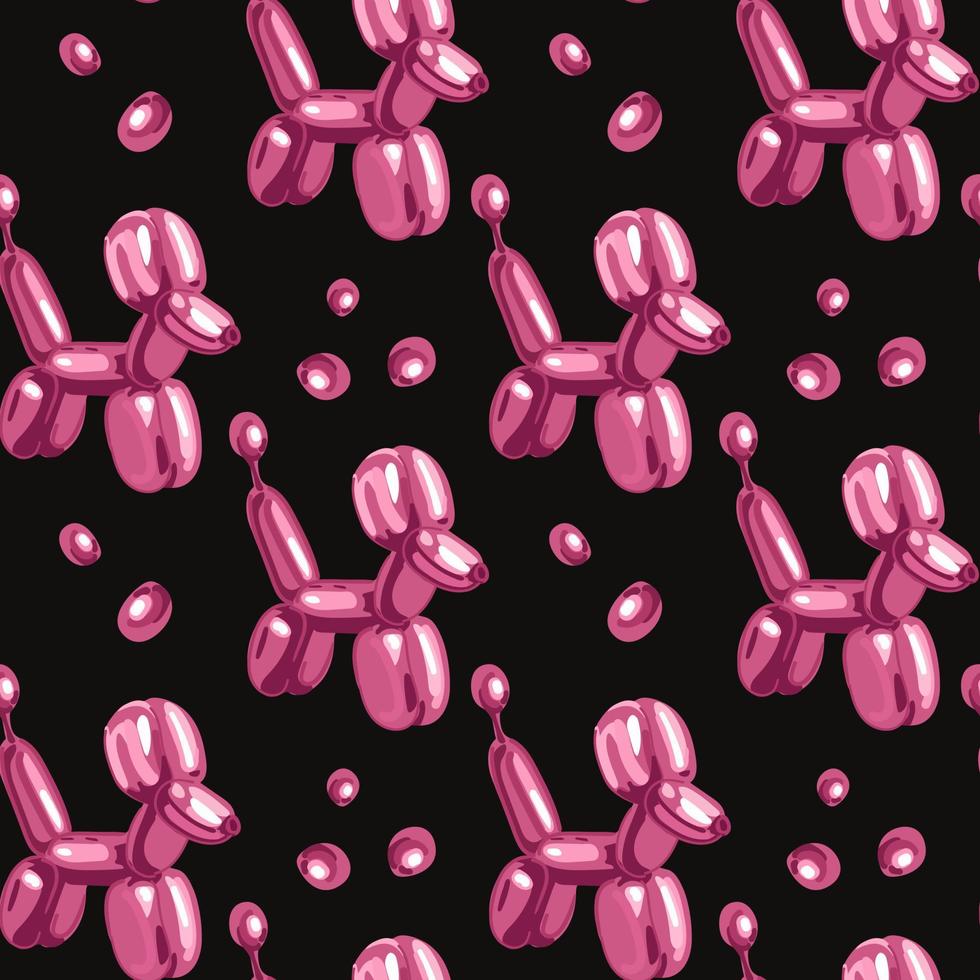 A pattern of purple balloons. Black background with balls in the form of a dog of mother-of-pearl purple color. Suitable for printed products on fabric and paper. Packaging, banner, clothing. vector