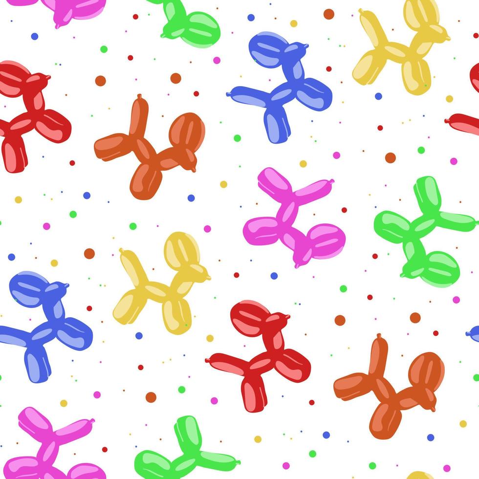 un patrón de caída de globos brillantes con puntos sobre un fondo blanco. ambiente festivo con globos en forma de perro. adecuado para productos impresos en tela y papel. embalaje, pancarta, impresión vector
