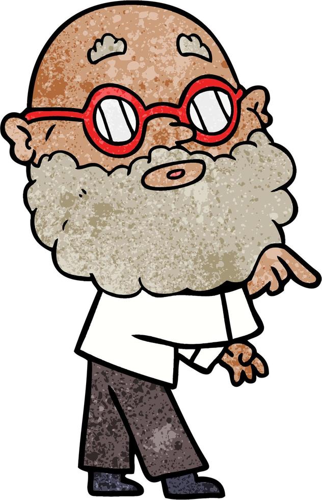 Retro grunge texture cartoon man with beard wearing glasses vector