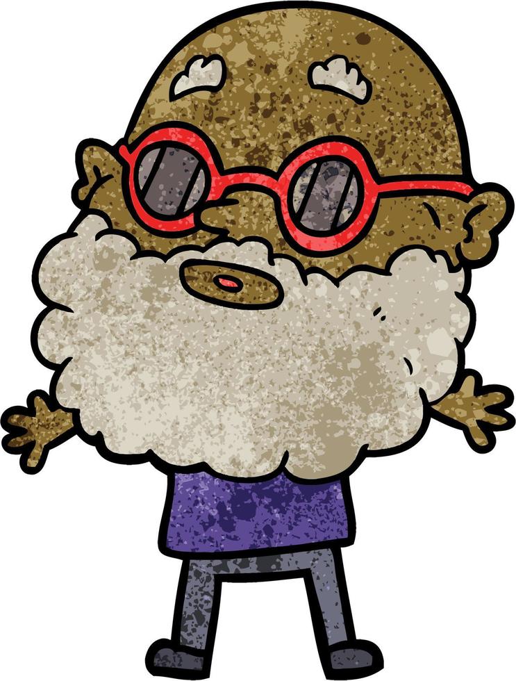 Retro grunge texture cartoon man with beard wearing glasses vector