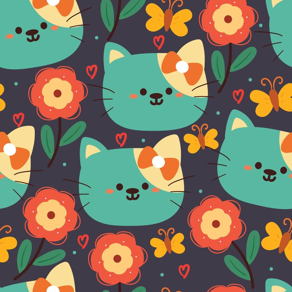 seamless pattern cartoon cat and flower vector