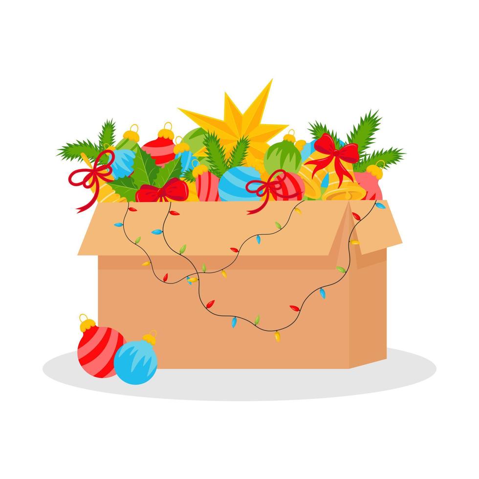 Box with Christmas decorations. Vector illustration