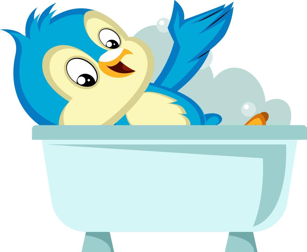 Blue bird in the bathtub, illustration, vector on white background.