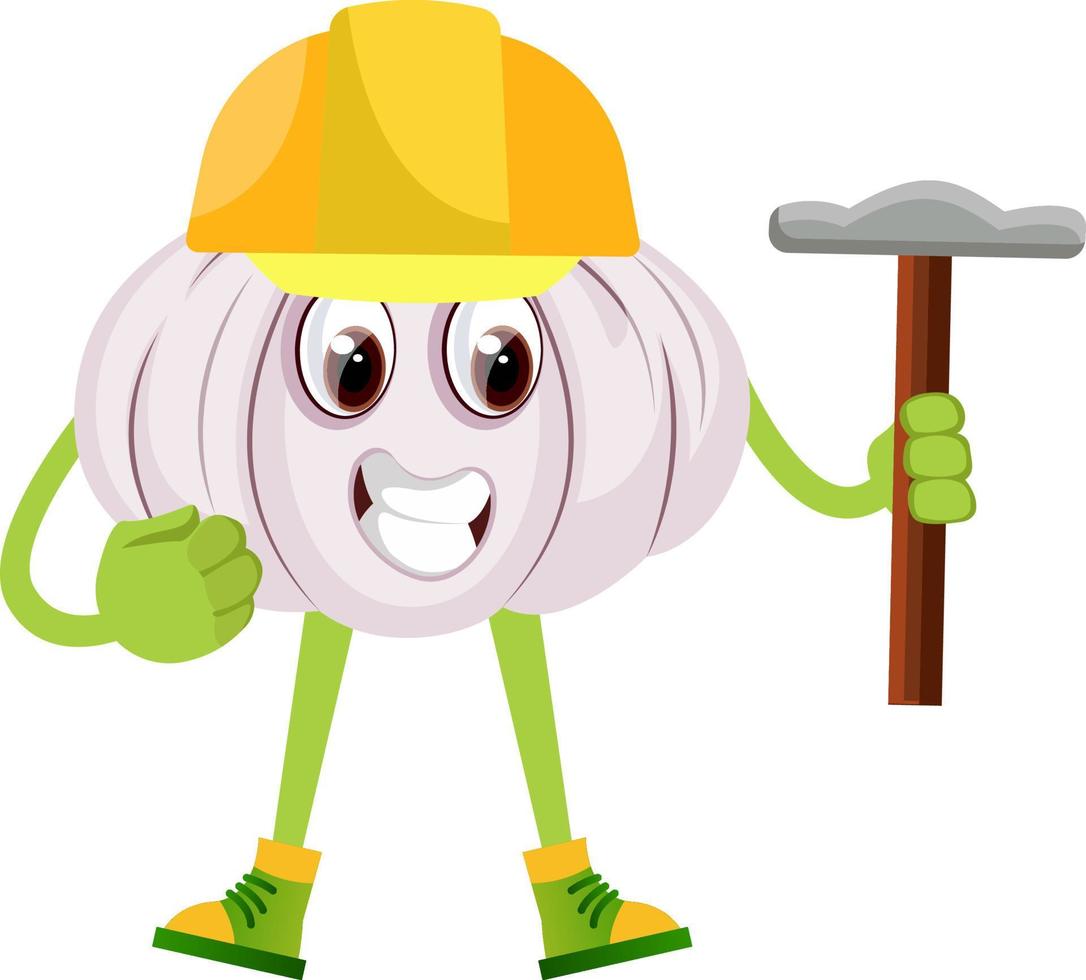 Garlic with hammer, illustration, vector on white background.