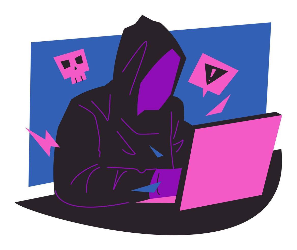 hacker en chaqueta con capucha está pirateando en un dispositivo portátil. signo de exclamación, atención, icono del cráneo. concepto de tecnología, seguridad, ciberdelincuencia, etc. ilustración vectorial plana vector