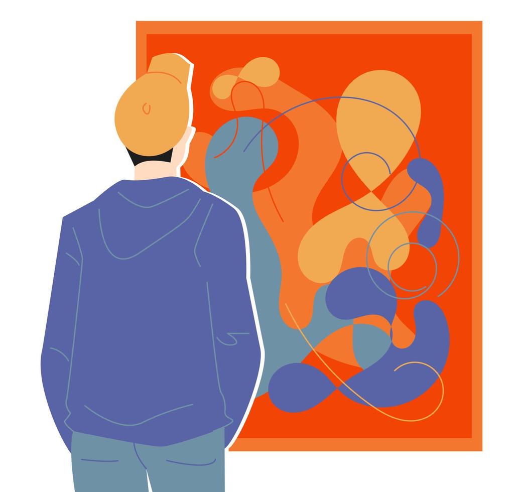 man in hat back view looking at painting in exhibition. artwork concept, appreciation, abstract. flat vector illustration