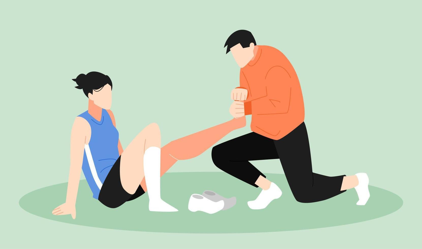 female athlete with leg injury. treated by medical personnel. sports concept, warm up, injury, incident, etc. flat vector illustration