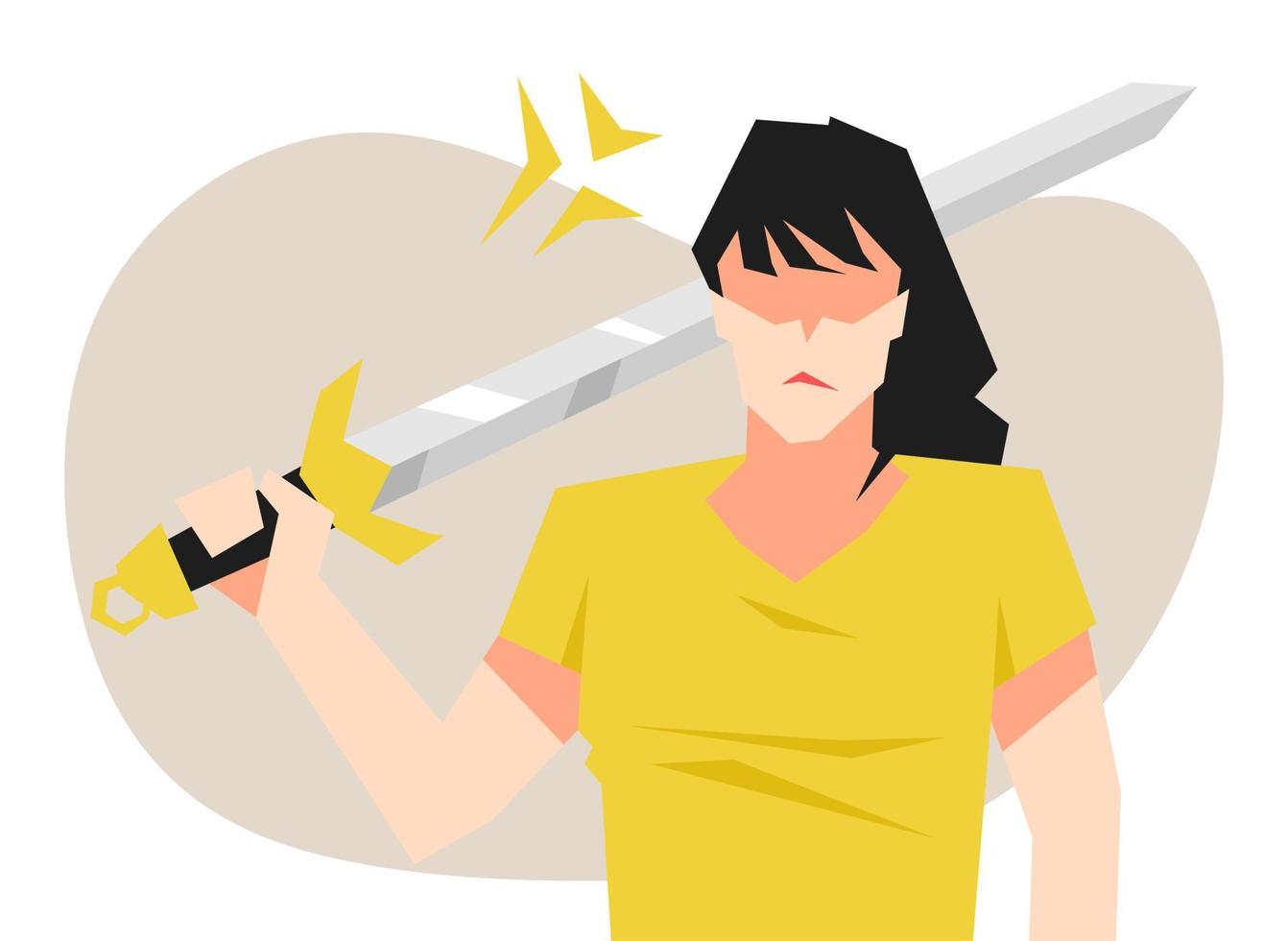 woman with an angry expression and holding a sword. flat vector illustration