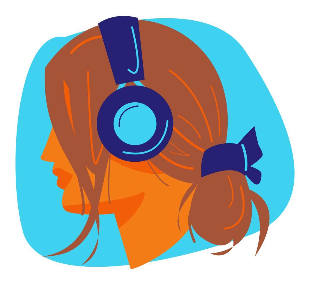 female avatar side view wearing headphones. profile, beauty, music, hobbies, style, etc. flat vector illustration